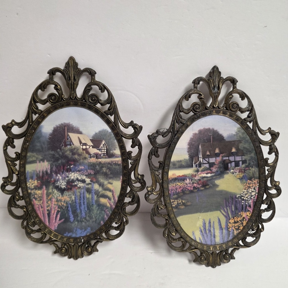 Vintage Ornate Brass Oval Wall Frames Pair Filigree Baroque Rococo Scrollwork